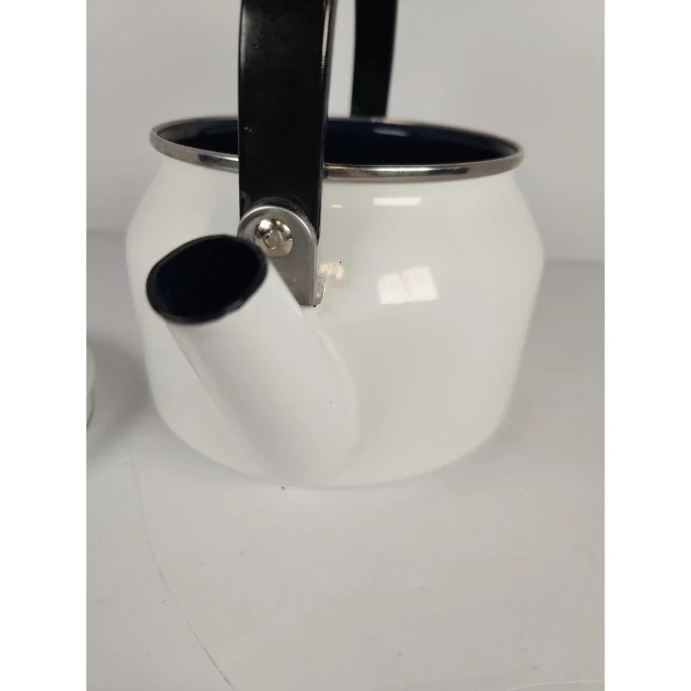 Vintage Siam Fuji Ware White Enamelware Tea Kettle 2 Qt Thailand Blue Interior